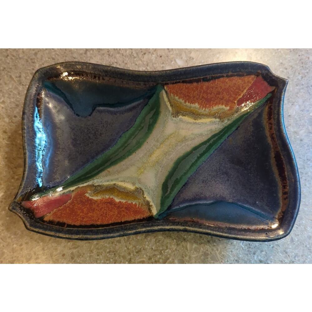 Studio Glazed Art Pottery Serving Dish Bow Tie Shape Blue Brown 9 x 5.5 x 1.75